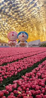 A vibrant tulip field with colorful dolls under a dramatic sky.