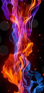 Vibrant abstract flames in purple, orange, and blue on a black background.