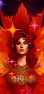 Fiery angel with orange wings in a vibrant fantasy design mobile wallpaper.