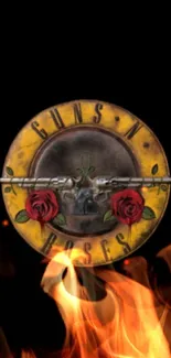 Band emblem with rose motif against fiery background, ideal for music fans.