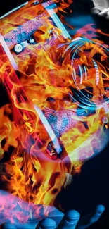 Dynamic mobile wallpaper with a fiery camera engulfed in flames.