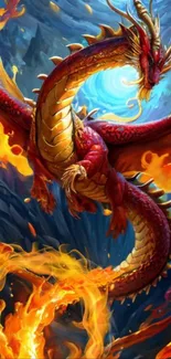 Majestic dragon with fiery flames in a vibrant fantasy design.