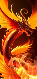 Fiery dragon with vibrant orange flames, creating a striking and mythical visual.