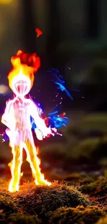 Fiery figure glowing in a mystical forest setting.