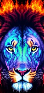 Vibrant lion face with fiery flames, colorful art wallpaper.