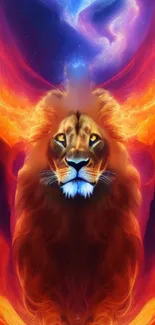 Majestic lion surrounded by vibrant fiery flames in cosmic art wallpaper.