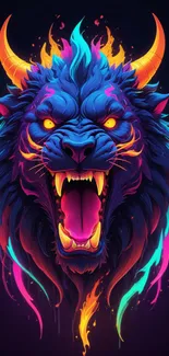 Vibrant neon beast art with fiery horns and striking colors.