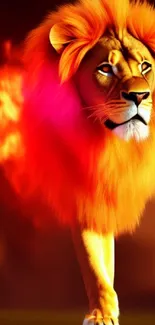 Vibrant orange lion with fiery mane on a mobile wallpaper.