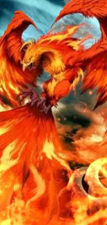 Fiery phoenix with vibrant orange flames soaring upwards.