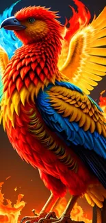 Vibrant and fiery phoenix with colorful feathers against a dark background.