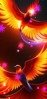 Vibrant fiery phoenixes soaring in a dynamic mobile wallpaper.