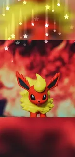 Cartoon Pokémon character with fiery background and star effects.