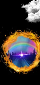 Mobile wallpaper with fiery ring and rainbow over a night landscape.