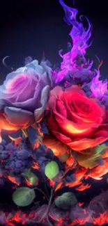 Fiery roses with vibrant colors on a dark background wallpaper.