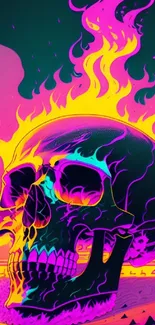 Neon skull with vibrant flames on phone wallpaper.