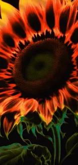 A vibrant, neon-colored sunflower on a black background.