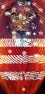 Vibrant fingerprint pattern with colorful art and snowflakes.