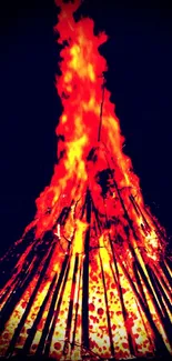 Vibrant bonfire blazing against a dark backdrop.