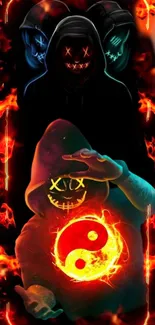 Hooded figure with fiery glow and yin-yang symbol, set on fire-themed mobile wallpaper.