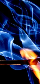 Striking blue flame from a matchstick on a vibrant wallpaper background.