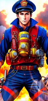 Anime firefighter in vibrant colors with a dramatic backdrop.