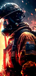 Firefighter surrounded by vibrant flames, showcasing bravery and intensity.