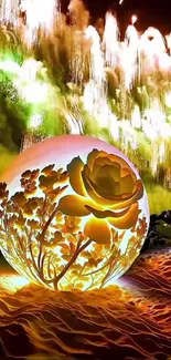 Glowing floral sphere amidst vibrant fireworks display.