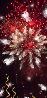 Vibrant fireworks with white feathers in a night sky.