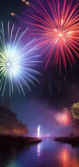 Multicolored fireworks light up a river under a dark sky.