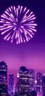 Purple fireworks light up urban skyline at night.