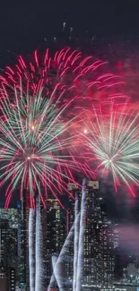 Colorful fireworks over city skyline at night.