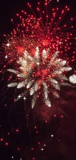 Vibrant red fireworks lighting up the night sky.