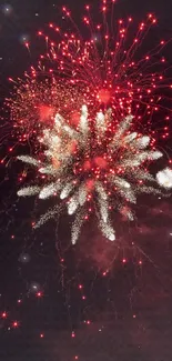 Vibrant red fireworks lighting up the night sky.