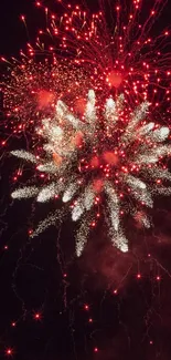 A vibrant fireworks display lights up the night sky with red and white bursts.