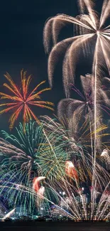 A vibrant display of fireworks over a city skyline at night.