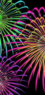 Colorful neon fireworks display on a black background.