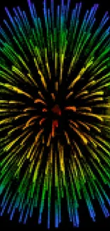 Dynamic fireworks wallpaper with vibrant blue, green, and yellow colors on a black background.