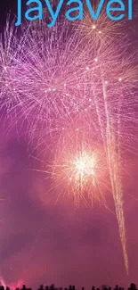 Purple fireworks lighting up the night sky with silhouettes below.