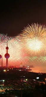 Colorful fireworks illuminate the night sky above Kuwait Towers.