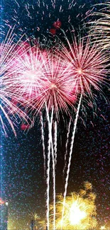 Colorful fireworks burst in night sky, creating a festive display.