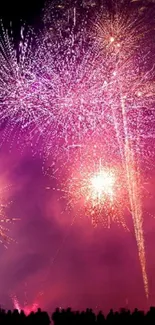 Vibrant fireworks display lighting up a night sky in purple hues.