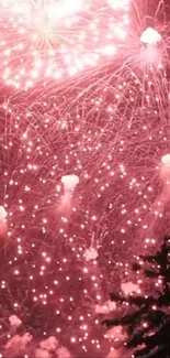 Vibrant pink fireworks display lighting up the night sky.