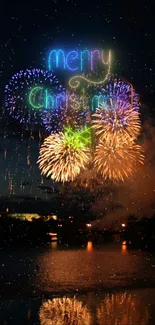 Night scene with fireworks over water, reflecting city lights.