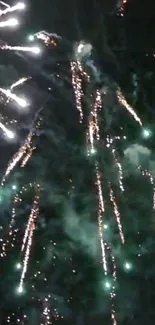 Vibrant fireworks burst in a dark green night sky, sparkles reflecting.