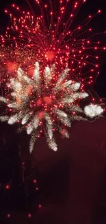 Vibrant fireworks display illuminating the night sky in red and white colors.