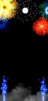 Mobile wallpaper with colorful fireworks in the night sky.