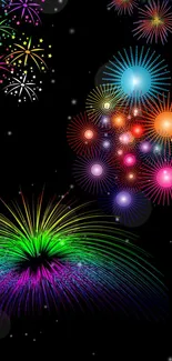 Colorful fireworks display on a black background.