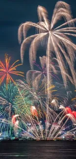 Vibrant fireworks bursting over a dark cityscape at night.