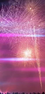 Vibrant pink and purple fireworks illuminate the night sky.