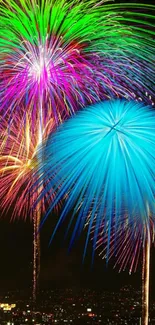 Vibrant fireworks display lighting up the night sky with brilliant colors.